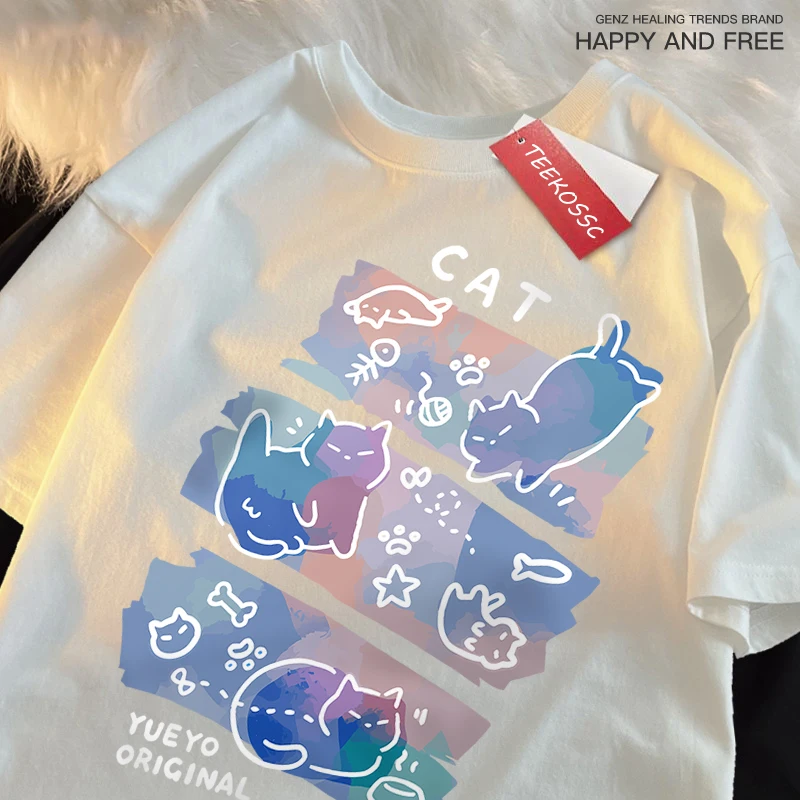 Fun Mischievous Cat Print Japanese Style T-Shirts Men Women Fashion Tshirs Breathable Summer T-Shirts Cotton Loose Tee Clothes