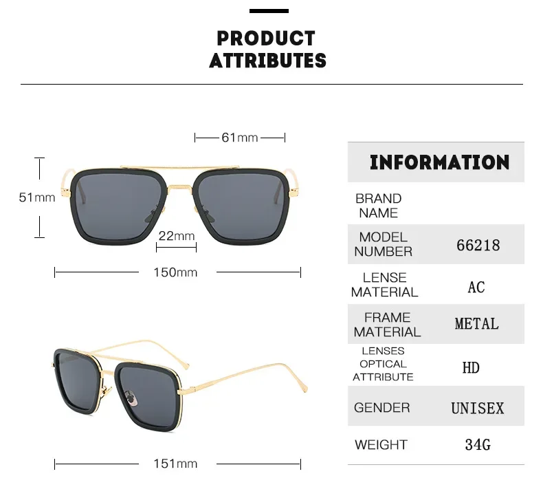 Sun Glasses Fashion Square frame Tony Stark Style Women Sunglasses Men Square Brand Design Sun Glasses Oculos Retro Male Iron