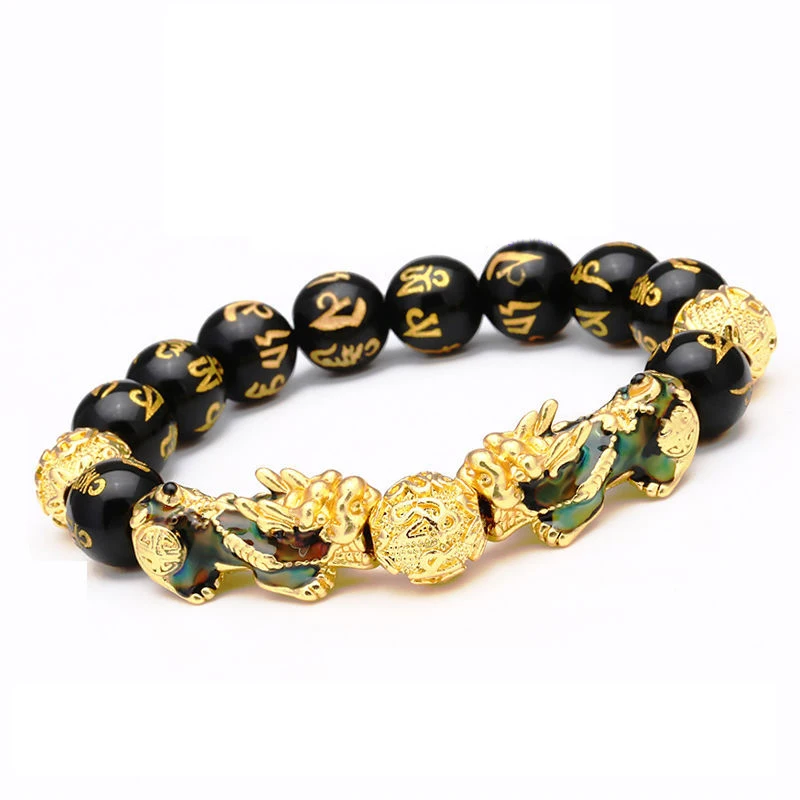Feng Shui Obsidian Stone Beads Bracelet Wristband Gold Color Black Pixiu Wealth Good Luck Women Bracelet  Men Women Unisex