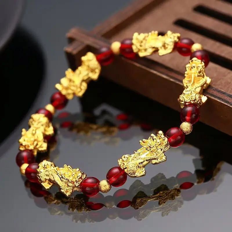 Feng Shui Obsidian Stone Beads Bracelet Wristband Gold Color Black Pixiu Wealth Good Luck Women Bracelet  Men Women Unisex