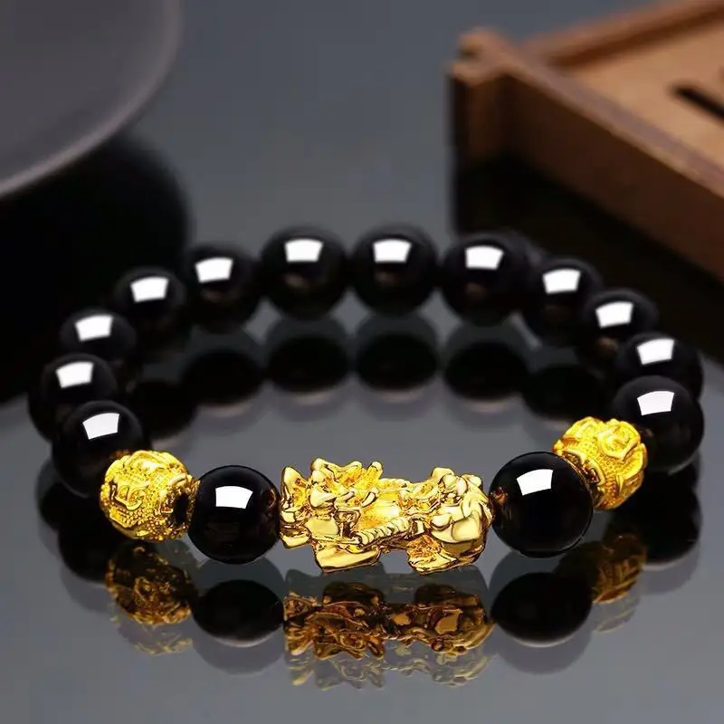 Feng Shui Obsidian Stone Beads Bracelet Wristband Gold Color Black Pixiu Wealth Good Luck Women Bracelet  Men Women Unisex