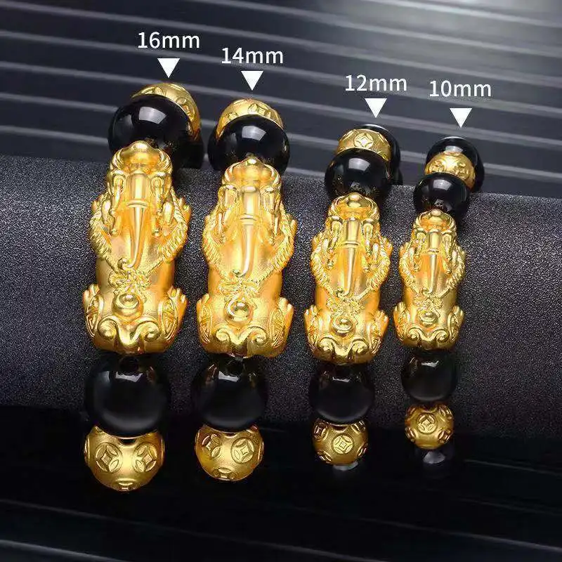Feng Shui Obsidian Stone Beads Bracelet Wristband Gold Color Black Pixiu Wealth Good Luck Women Bracelet  Men Women Unisex