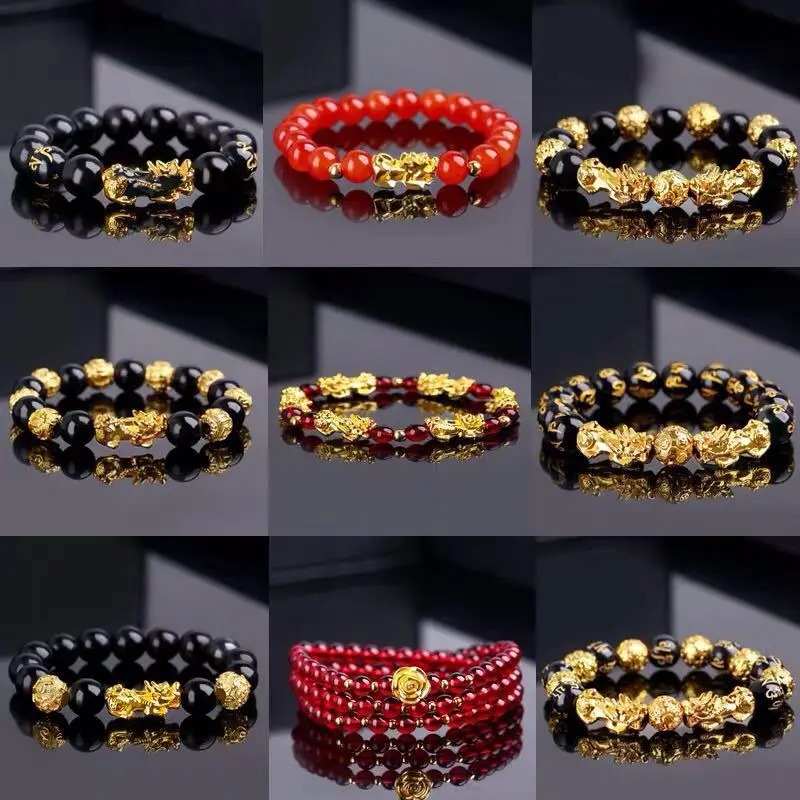 Feng Shui Obsidian Stone Beads Bracelet Wristband Gold Color Black Pixiu Wealth Good Luck Women Bracelet  Men Women Unisex