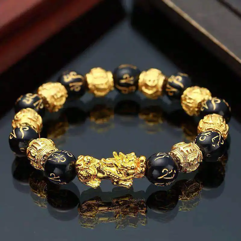 Feng Shui Obsidian Stone Beads Bracelet Wristband Gold Color Black Pixiu Wealth Good Luck Women Bracelet  Men Women Unisex