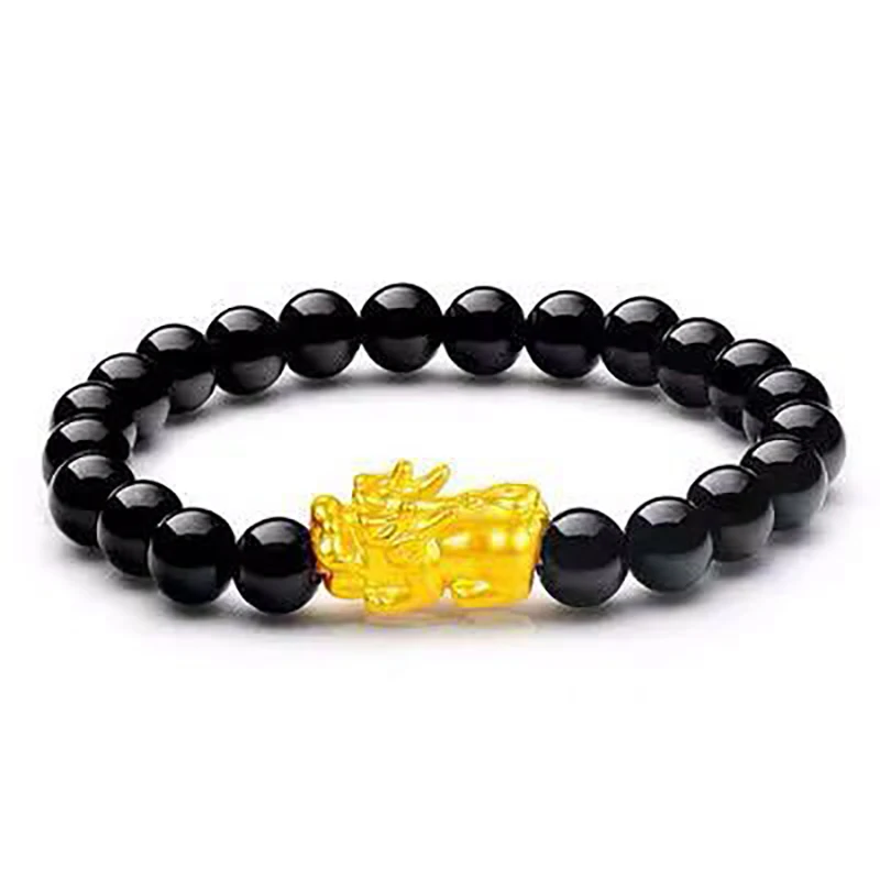 Feng Shui Obsidian Stone Beads Bracelet Wristband Gold Color Black Pixiu Wealth Good Luck Women Bracelet  Men Women Unisex