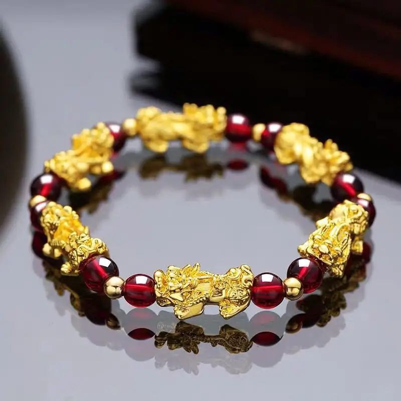 Feng Shui Obsidian Stone Beads Bracelet Wristband Gold Color Black Pixiu Wealth Good Luck Women Bracelet  Men Women Unisex