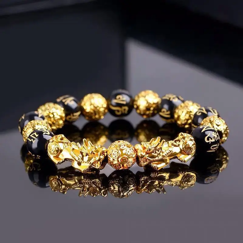 Feng Shui Obsidian Stone Beads Bracelet Wristband Gold Color Black Pixiu Wealth Good Luck Women Bracelet  Men Women Unisex