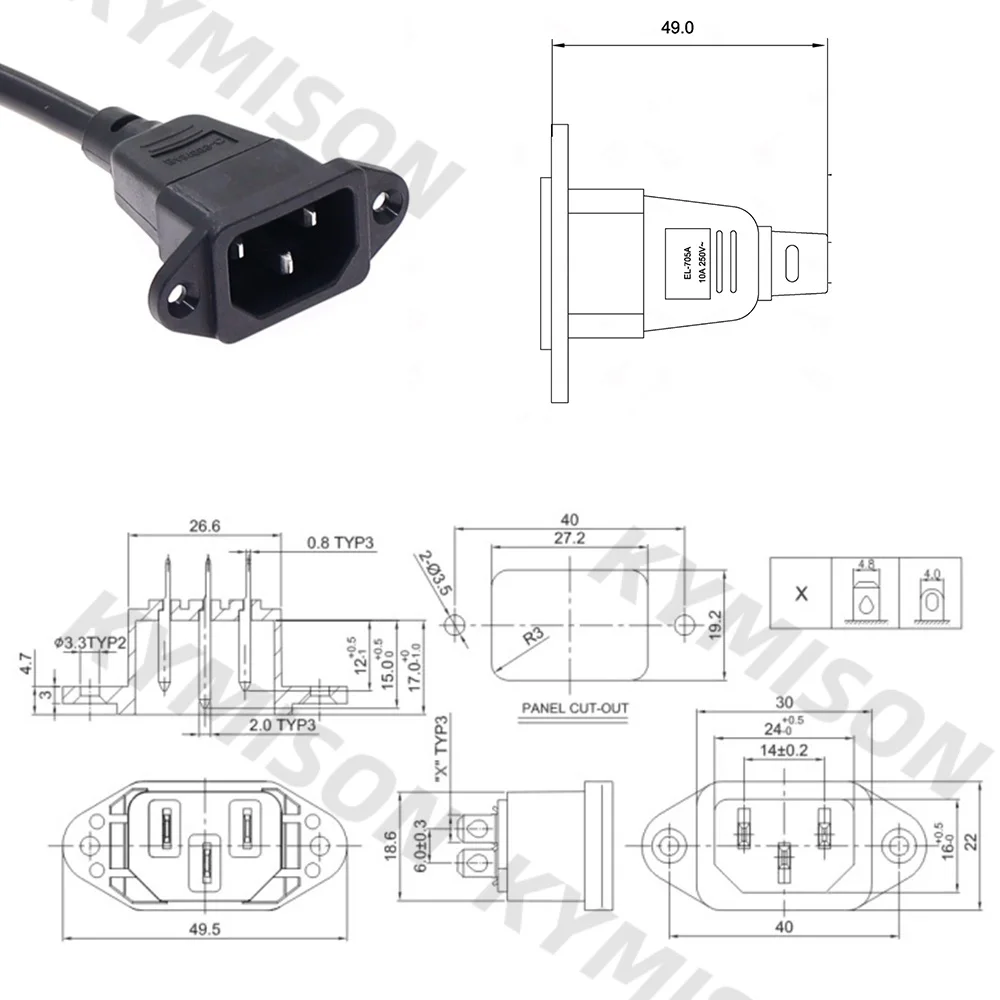 IEC320 C14 to C13 Extension Cord, C14 with Screw Holes and C13 Angled 30cm / 60cm Lenght, H05VV-F 3G 0.75MM