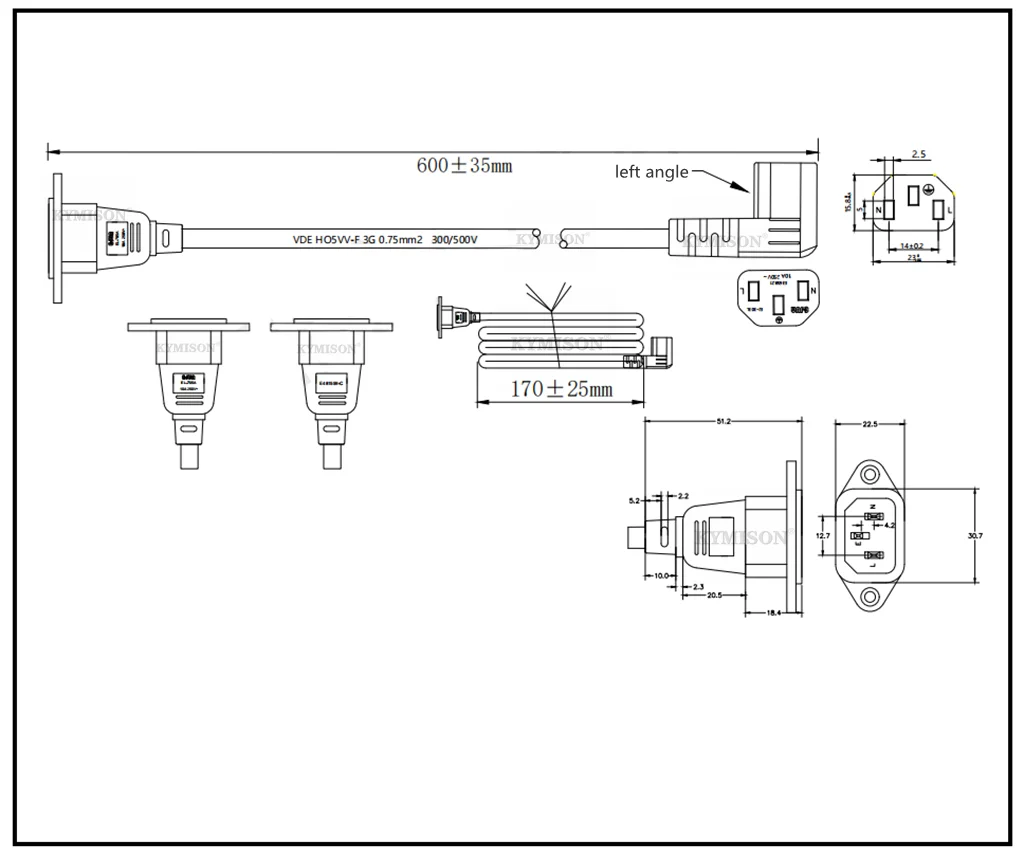 IEC320 C14 to C13 Extension Cord, C14 with Screw Holes and C13 Angled 30cm / 60cm Lenght, H05VV-F 3G 0.75MM