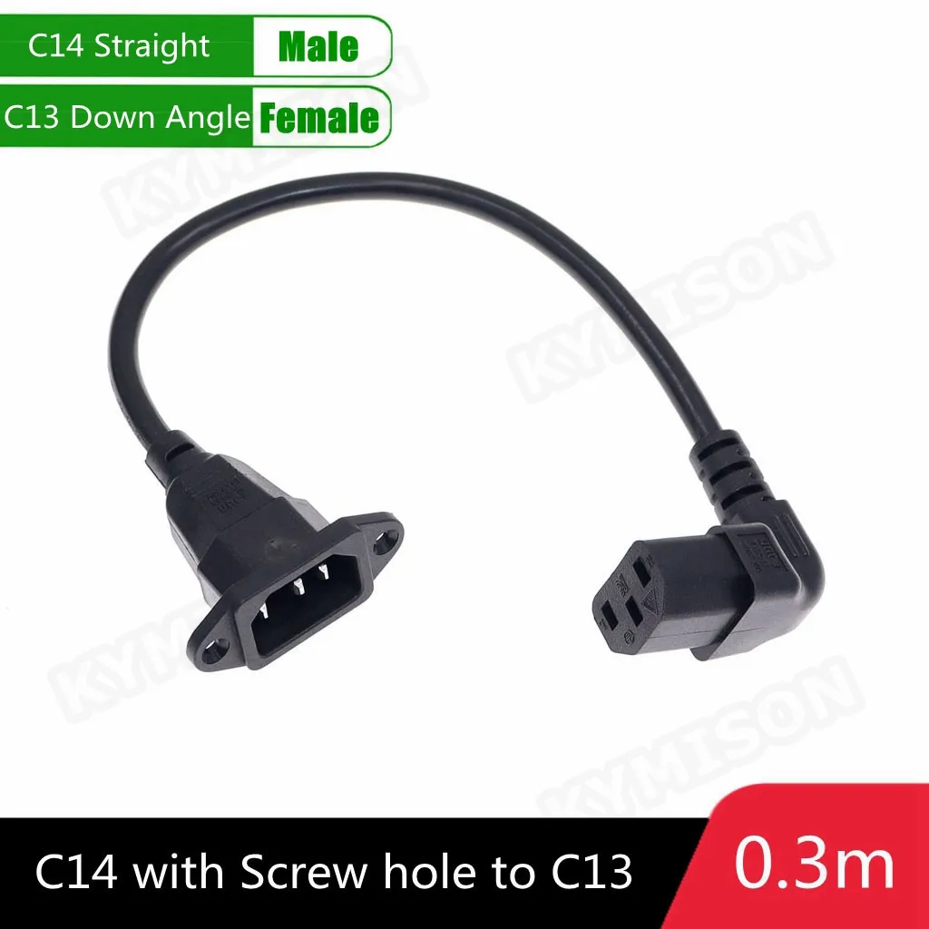 IEC320 C14 to C13 Extension Cord, C14 with Screw Holes and C13 Angled 30cm / 60cm Lenght, H05VV-F 3G 0.75MM