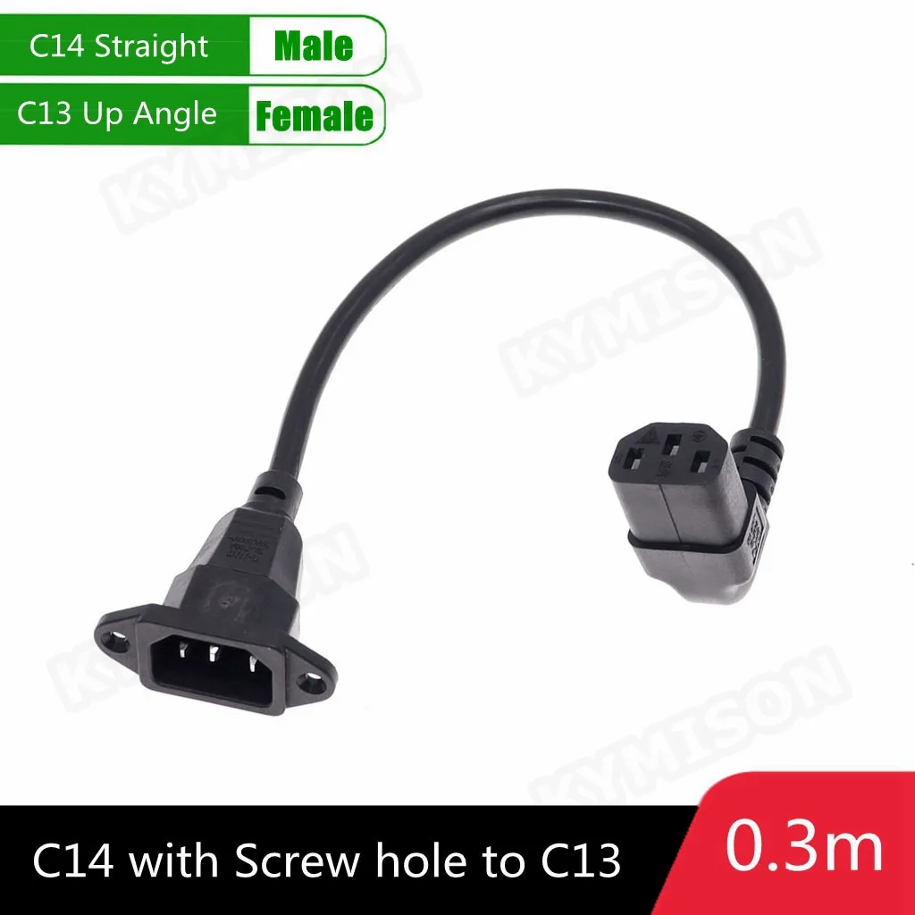 IEC320 C14 to C13 Extension Cord, C14 with Screw Holes and C13 Angled 30cm / 60cm Lenght, H05VV-F 3G 0.75MM
