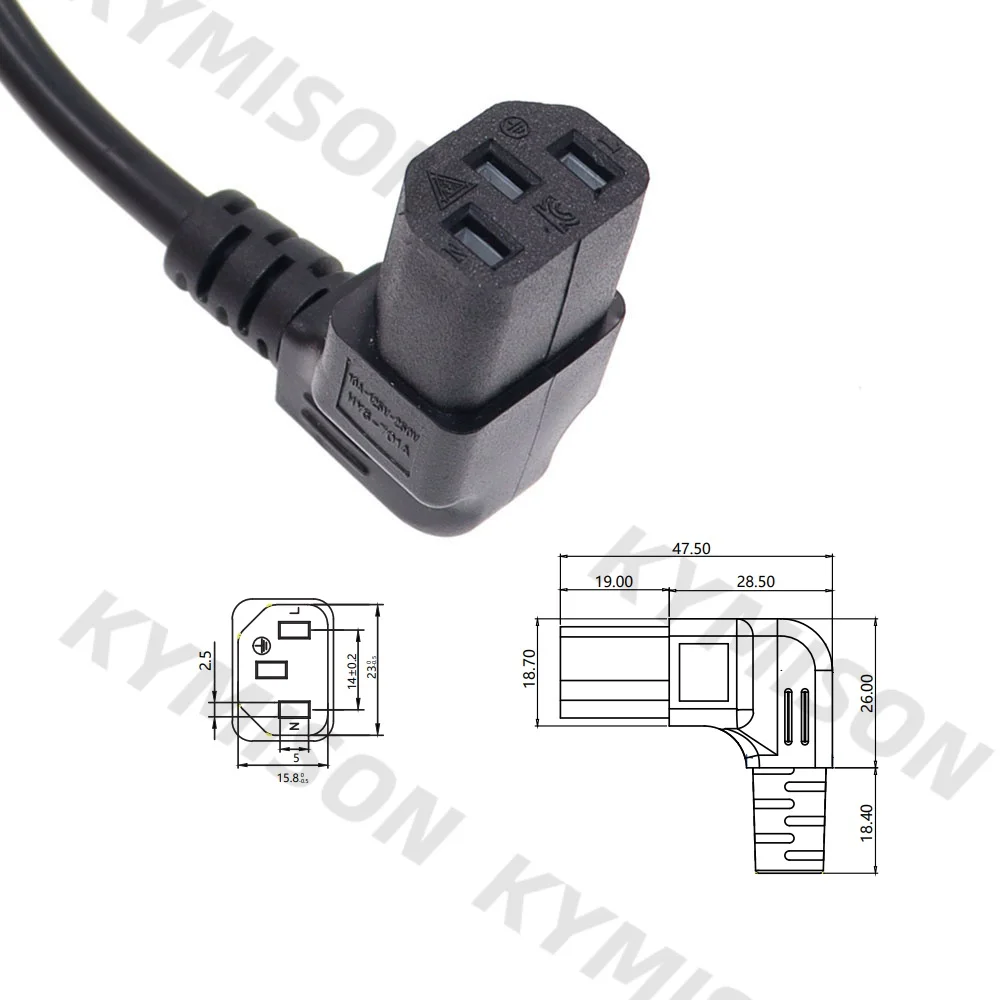 IEC320 C14 to C13 Extension Cord, C14 with Screw Holes and C13 Angled 30cm / 60cm Lenght, H05VV-F 3G 0.75MM