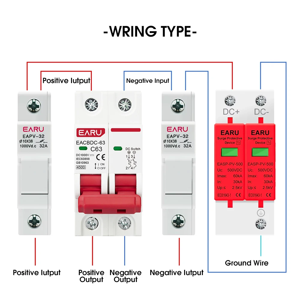 EARU DC 1000V 1/2/3/4P Solar Mini Circuit Breaker Overload Protection Switch 6A~63A/80A/100A/125A MCB for Photovoltaic PV System