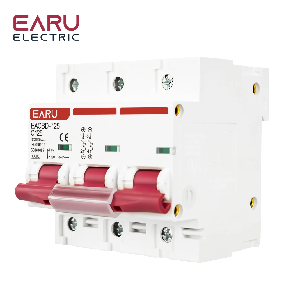 EARU DC 1000V 1/2/3/4P Solar Mini Circuit Breaker Overload Protection Switch 6A~63A/80A/100A/125A MCB for Photovoltaic PV System