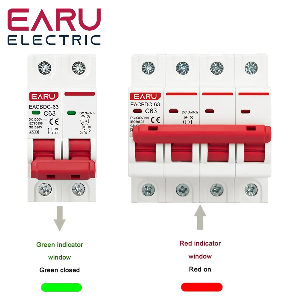 EARU DC 1000V 1/2/3/4P Solar Mini Circuit Breaker Overload Protection Switch 6A~63A/80A/100A/125A MCB for Photovoltaic PV System