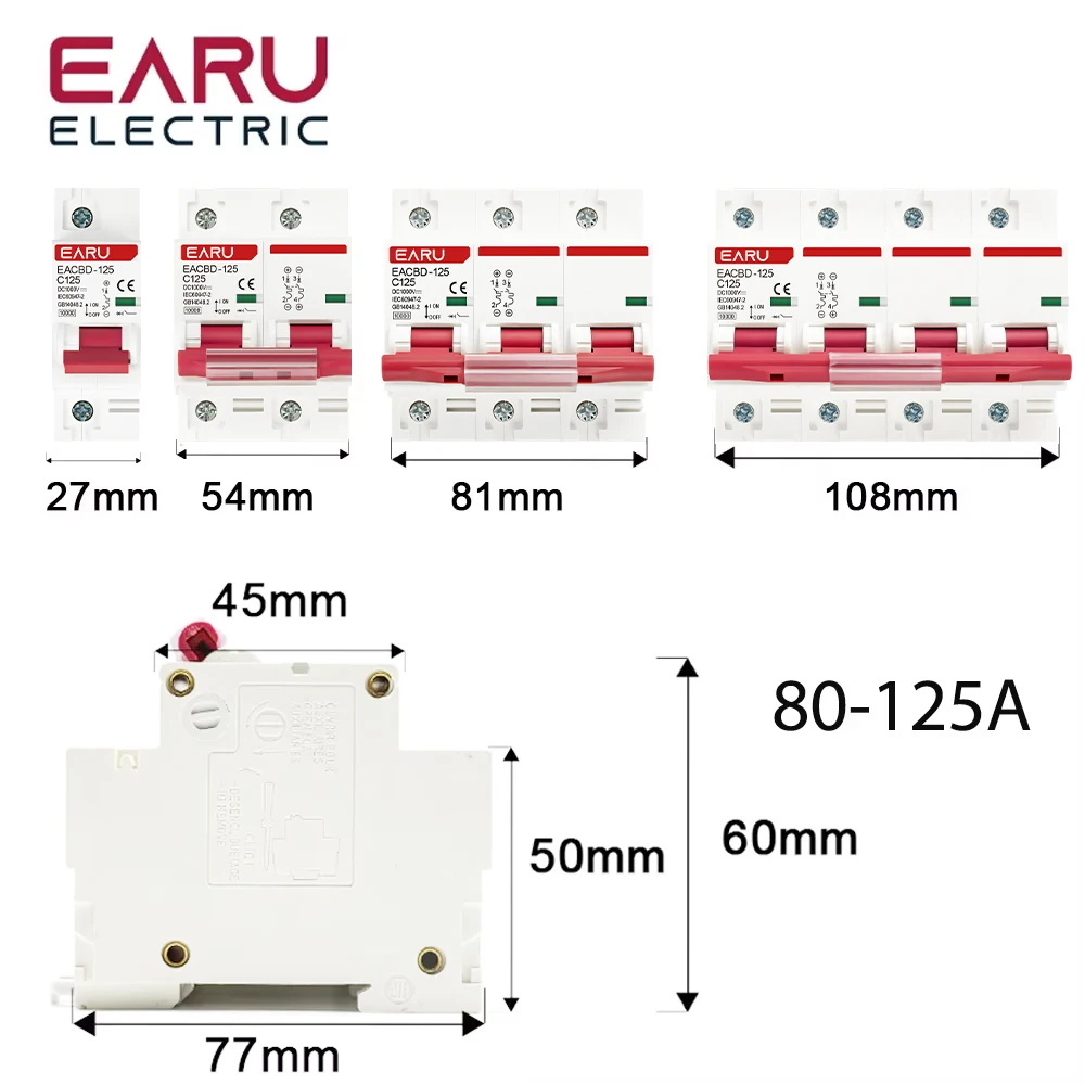 EARU DC 1000V 1/2/3/4P Solar Mini Circuit Breaker Overload Protection Switch 6A~63A/80A/100A/125A MCB for Photovoltaic PV System