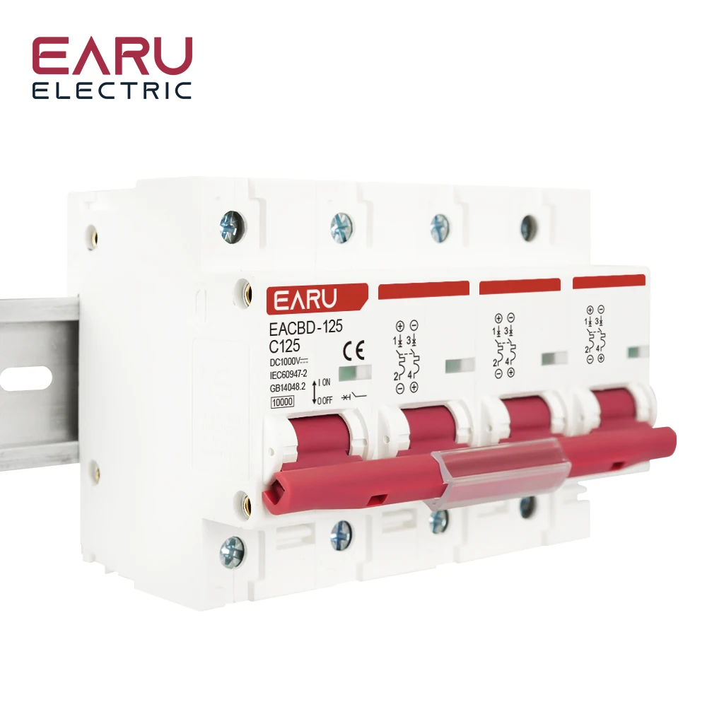 EARU DC 1000V 1/2/3/4P Solar Mini Circuit Breaker Overload Protection Switch 6A~63A/80A/100A/125A MCB for Photovoltaic PV System