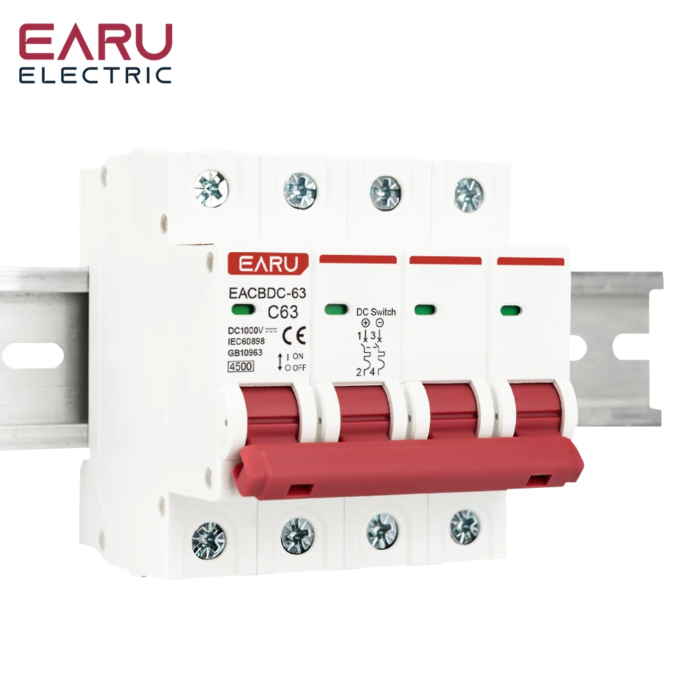 EARU DC 1000V 1/2/3/4P Solar Mini Circuit Breaker Overload Protection Switch 6A~63A/80A/100A/125A MCB for Photovoltaic PV System