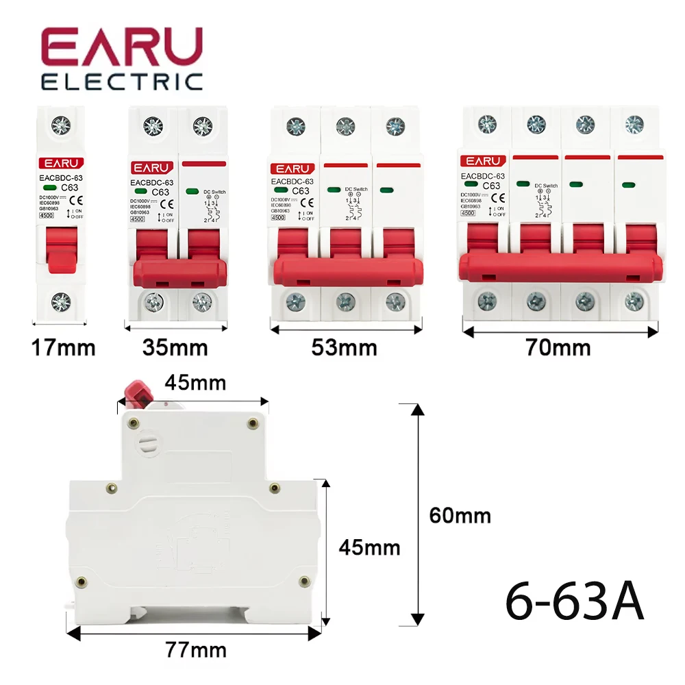 EARU DC 1000V 1/2/3/4P Solar Mini Circuit Breaker Overload Protection Switch 6A~63A/80A/100A/125A MCB for Photovoltaic PV System