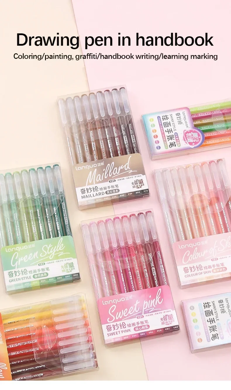 Languo Gel Pen Large Capacity Handbook Pens 6/9Pcs 0.6mm Student Art Diy Doodling Drawing Markers Office Kawaii Art Stationery