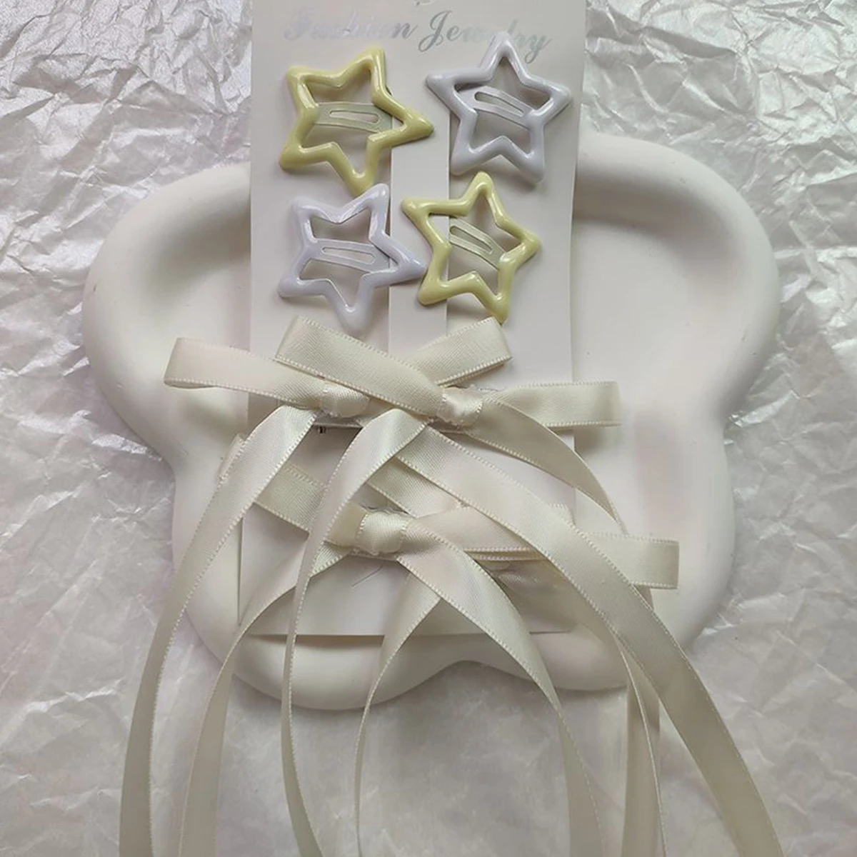 6-piece set of women's hair accessories, starry and bow set, ballet style bow ribbon ribbon hair clip, double ponytail ribbon br
