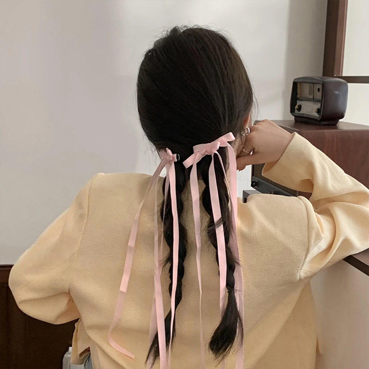 6-piece set of women's hair accessories, starry and bow set, ballet style bow ribbon ribbon hair clip, double ponytail ribbon br