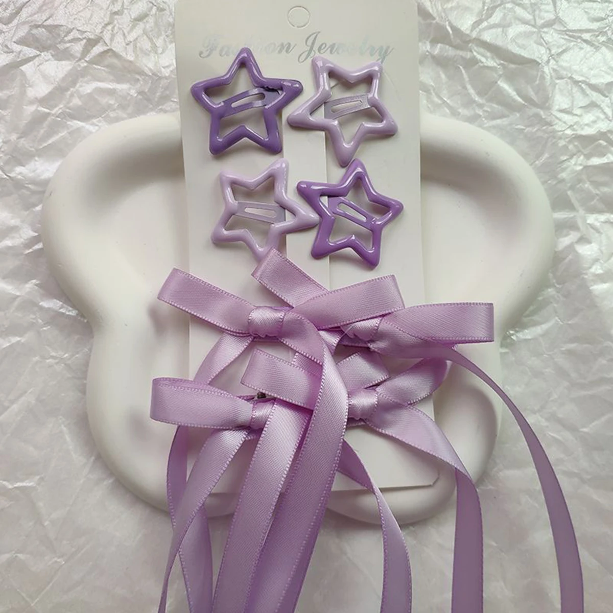 6-piece set of women's hair accessories, starry and bow set, ballet style bow ribbon ribbon hair clip, double ponytail ribbon br