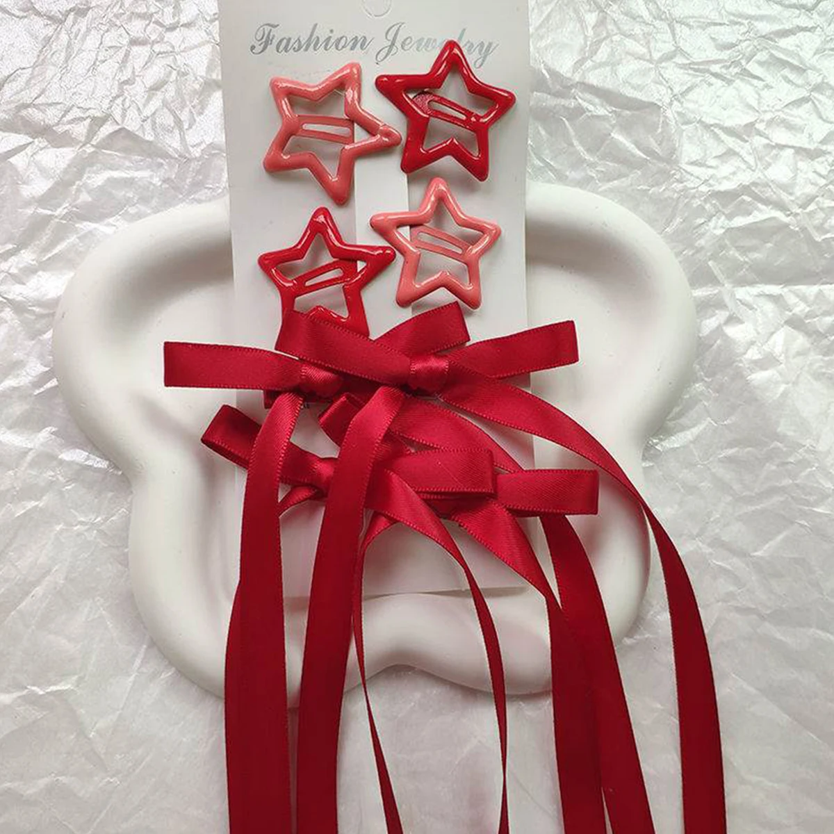 6-piece set of women's hair accessories, starry and bow set, ballet style bow ribbon ribbon hair clip, double ponytail ribbon br