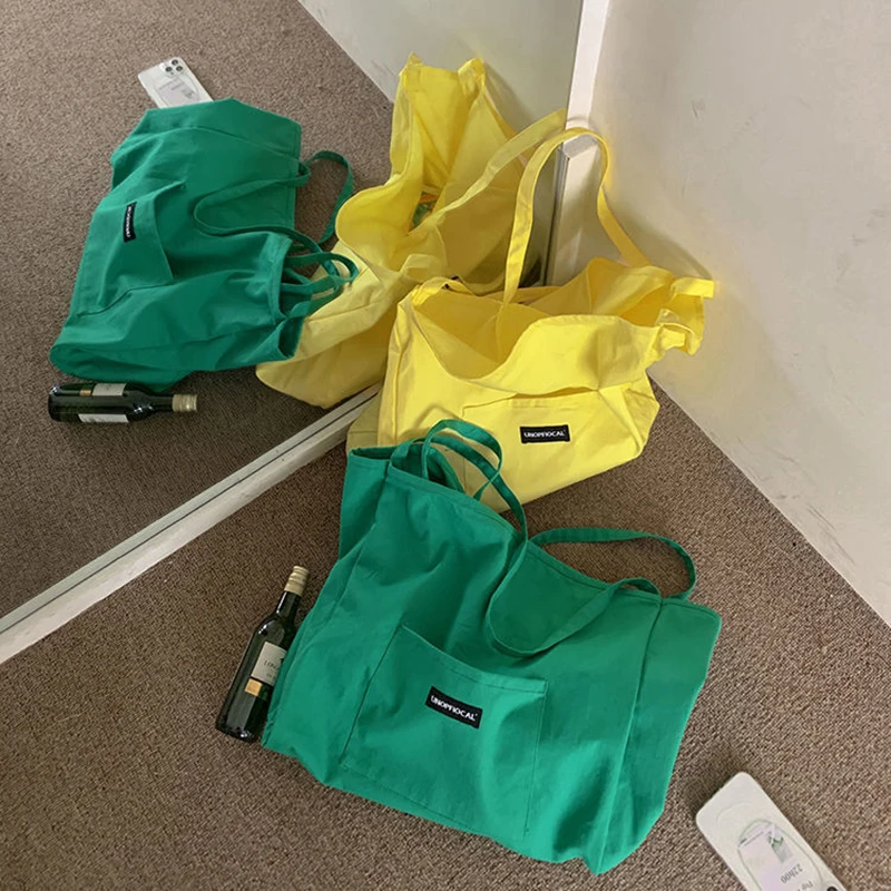 Canvas Bag High Quality Reusable Shopping Shoulder Bag Women Simple Casual Daily Use Handbag Totes Female Portable Folding Purse