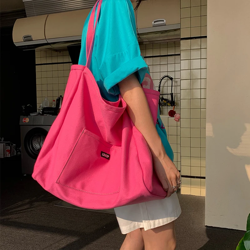 Canvas Bag High Quality Reusable Shopping Shoulder Bag Women Simple Casual Daily Use Handbag Totes Female Portable Folding Purse