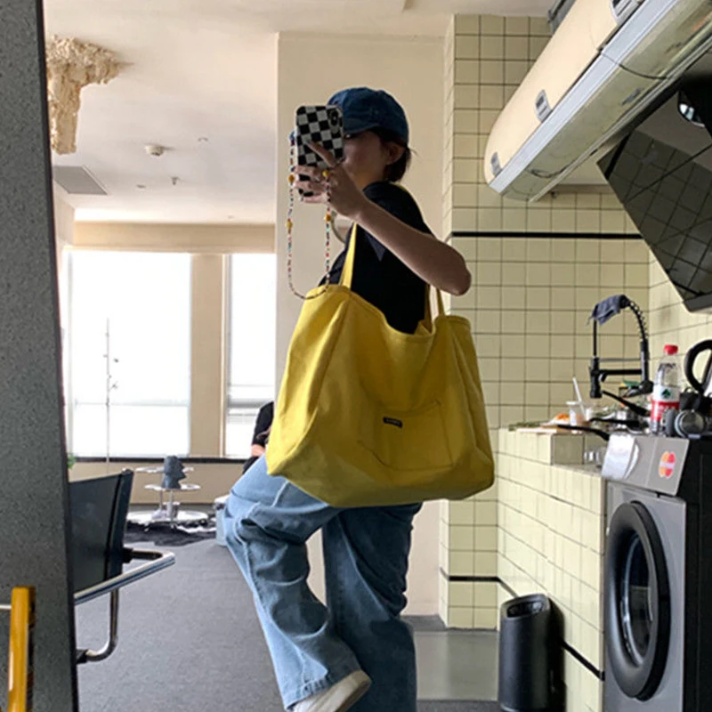 Canvas Bag High Quality Reusable Shopping Shoulder Bag Women Simple Casual Daily Use Handbag Totes Female Portable Folding Purse