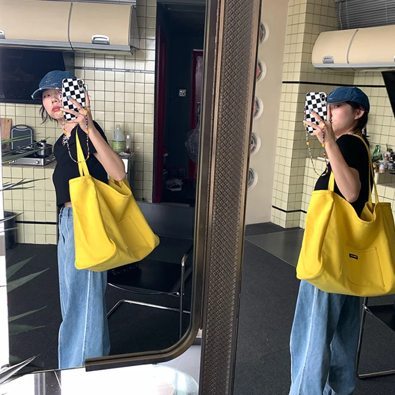 Canvas Bag High Quality Reusable Shopping Shoulder Bag Women Simple Casual Daily Use Handbag Totes Female Portable Folding Purse