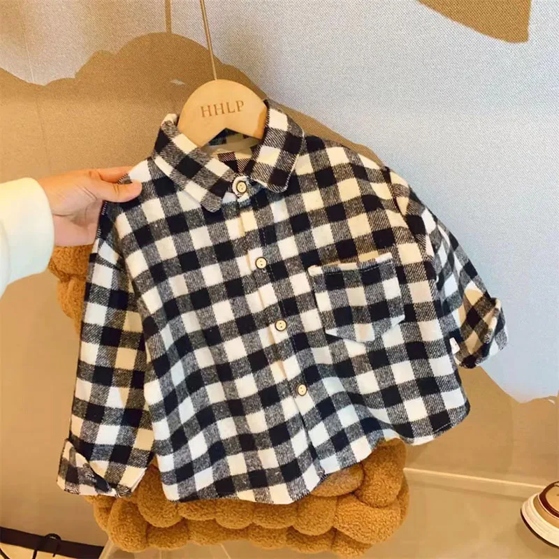 Autumn Children's Clothes Girls Boys Casual Retro Lapel Shirt Long Sleeves Single-breasted Tops Blouses Plaid Shirts