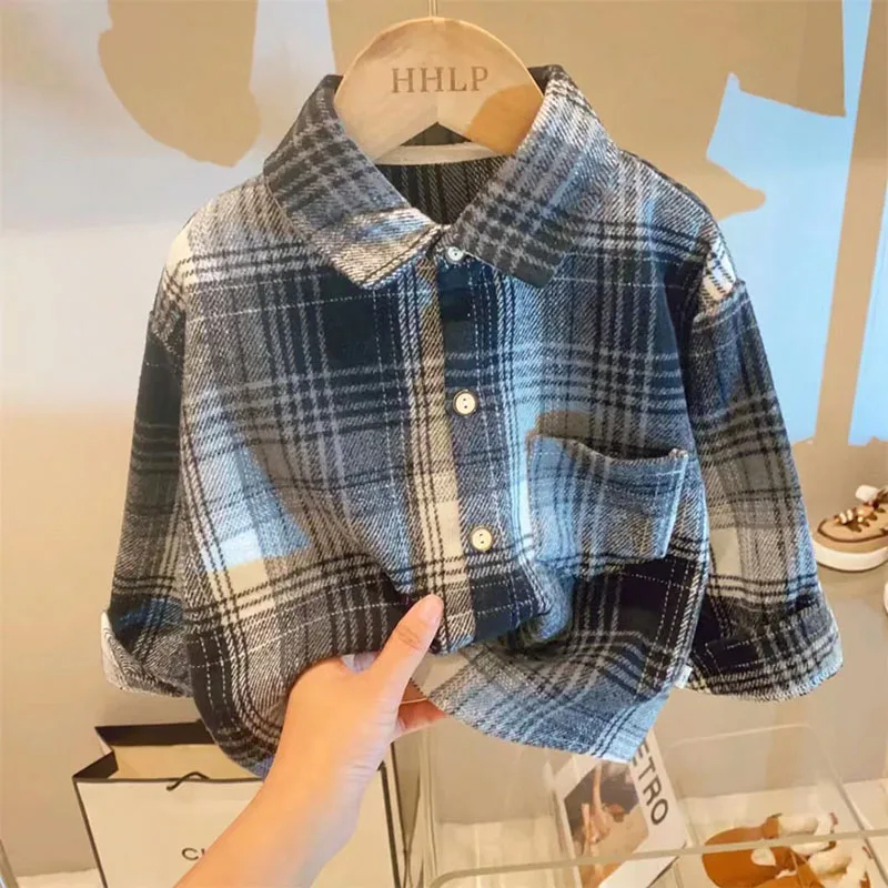 Autumn Children's Clothes Girls Boys Casual Retro Lapel Shirt Long Sleeves Single-breasted Tops Blouses Plaid Shirts