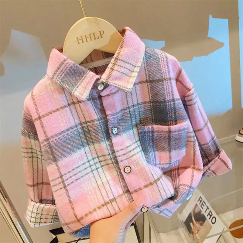 Autumn Children's Clothes Girls Boys Casual Retro Lapel Shirt Long Sleeves Single-breasted Tops Blouses Plaid Shirts