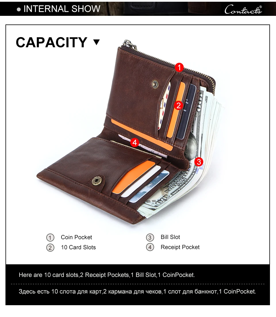 CONTACT'S Genuine Leather Men Short Wallets High Quality Card Holder Coin Purse Money Clip Male Mini Wallet Men's Bag Handbags