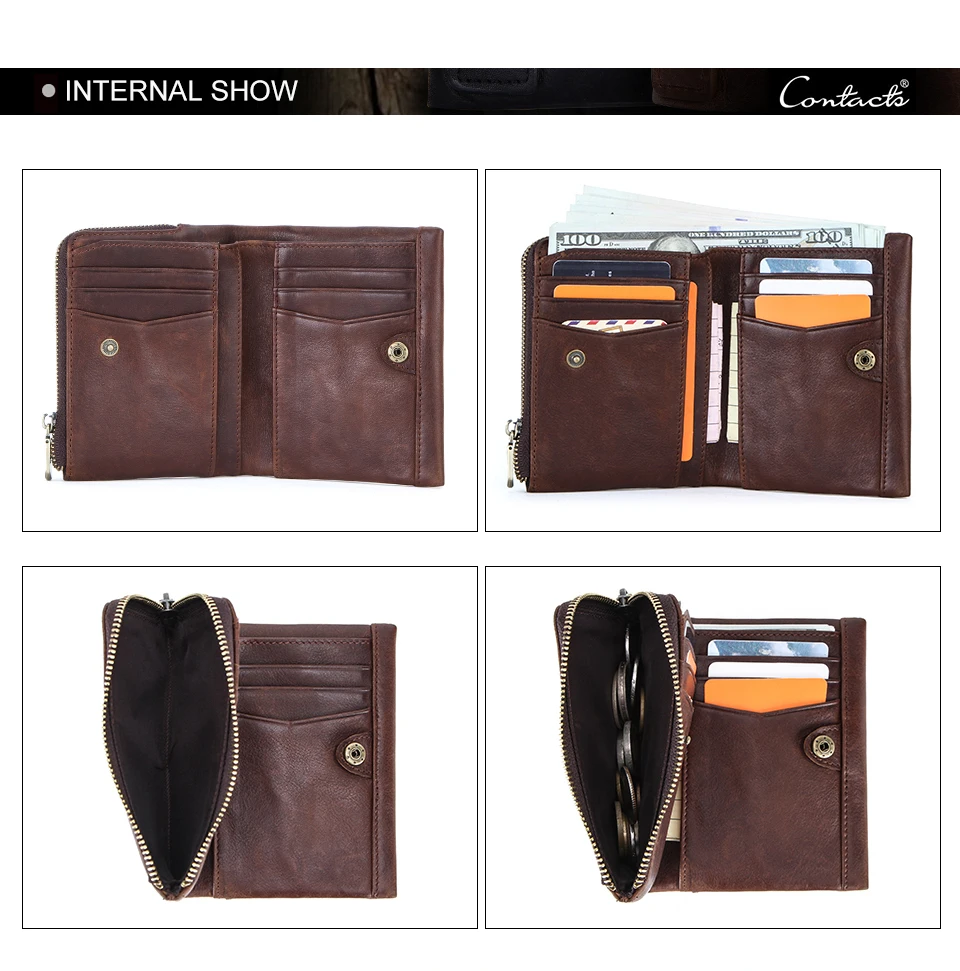 CONTACT'S Genuine Leather Men Short Wallets High Quality Card Holder Coin Purse Money Clip Male Mini Wallet Men's Bag Handbags