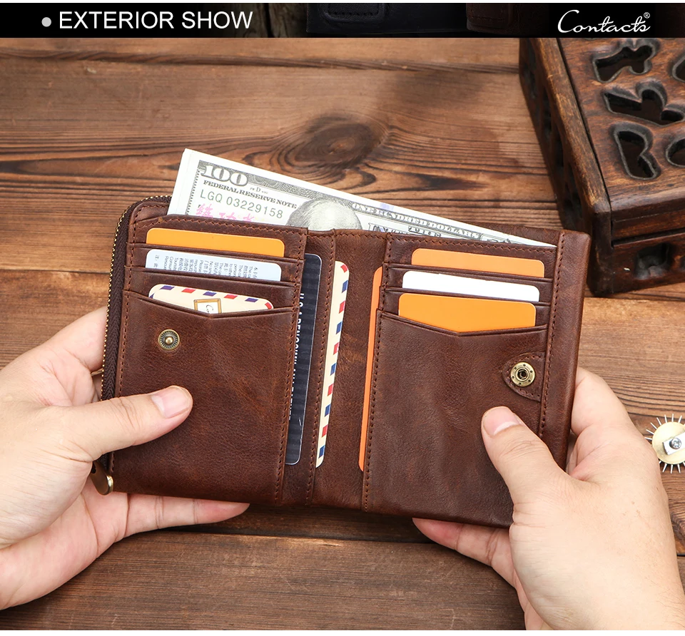CONTACT'S Genuine Leather Men Short Wallets High Quality Card Holder Coin Purse Money Clip Male Mini Wallet Men's Bag Handbags