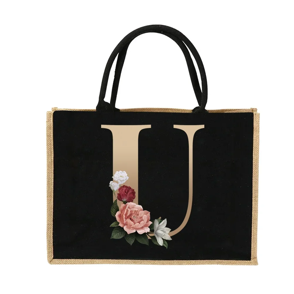 Jute Handbag Shoulder Bag Gold Letters Sacks Jute Imitation Bags Women Shopping Pouch Designer Laminated Bags Dark