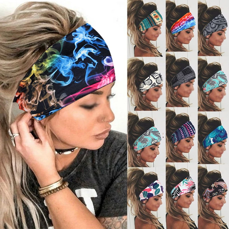 Boho Turbans Yoga Elastic Head Wrap Women Headband Wide Hairbands Headwear Floral Bandanas Fashion Hair Band Accessories YZL05-2