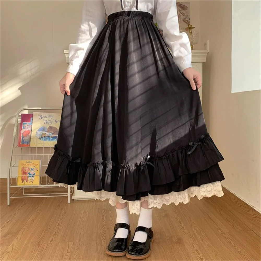 Korean Style Black White Half Skirt Female Long Skirts Japanese Solid Color Double Layer Vintage French Ruffled A-line Skirt