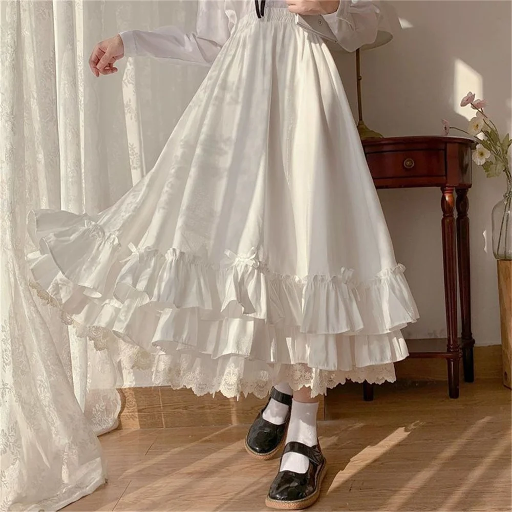 Korean Style Black White Half Skirt Female Long Skirts Japanese Solid Color Double Layer Vintage French Ruffled A-line Skirt