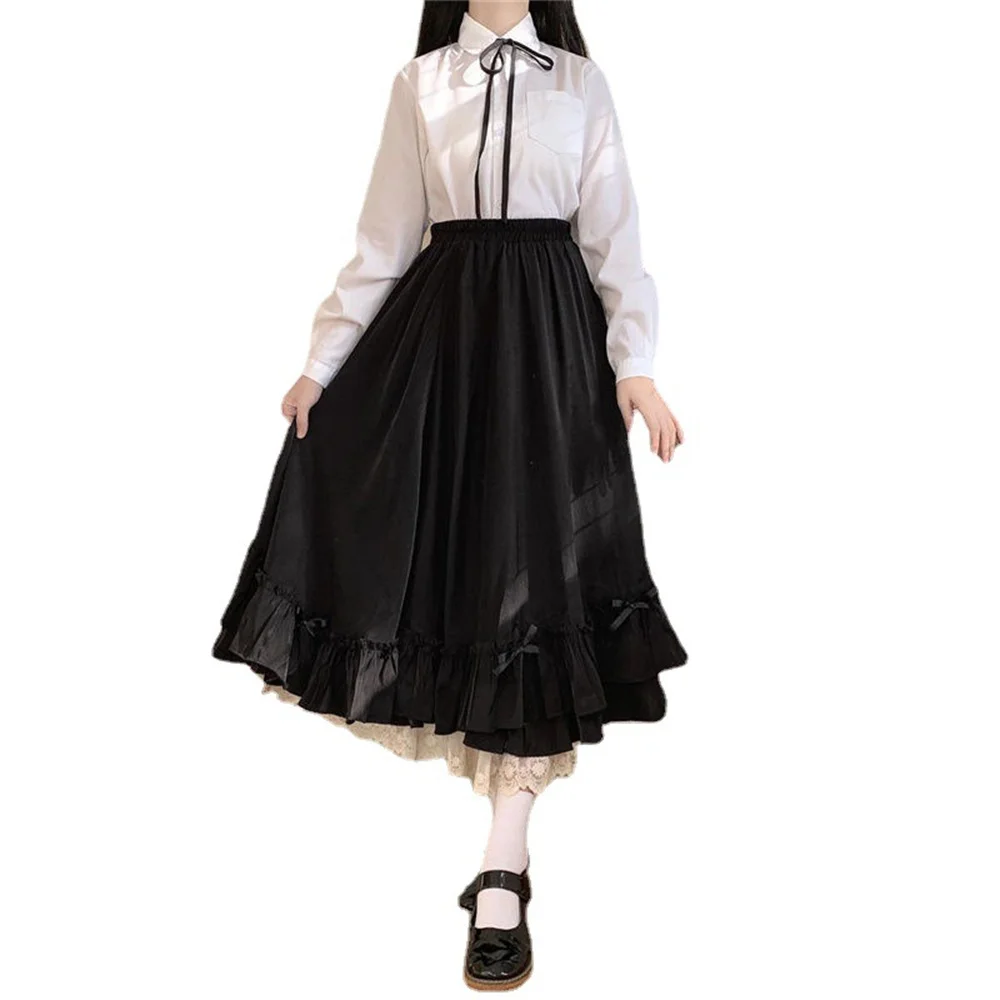 Korean Style Black White Half Skirt Female Long Skirts Japanese Solid Color Double Layer Vintage French Ruffled A-line Skirt