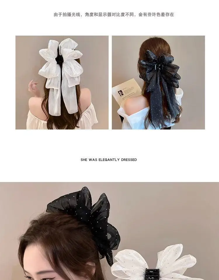 Large Mesh Bow Hair Claw Clip Sweet Elegant Simple Hairpin Women Ponytail Hair Crab Clip Girls Ribbon Non-slip Hair Accessories
