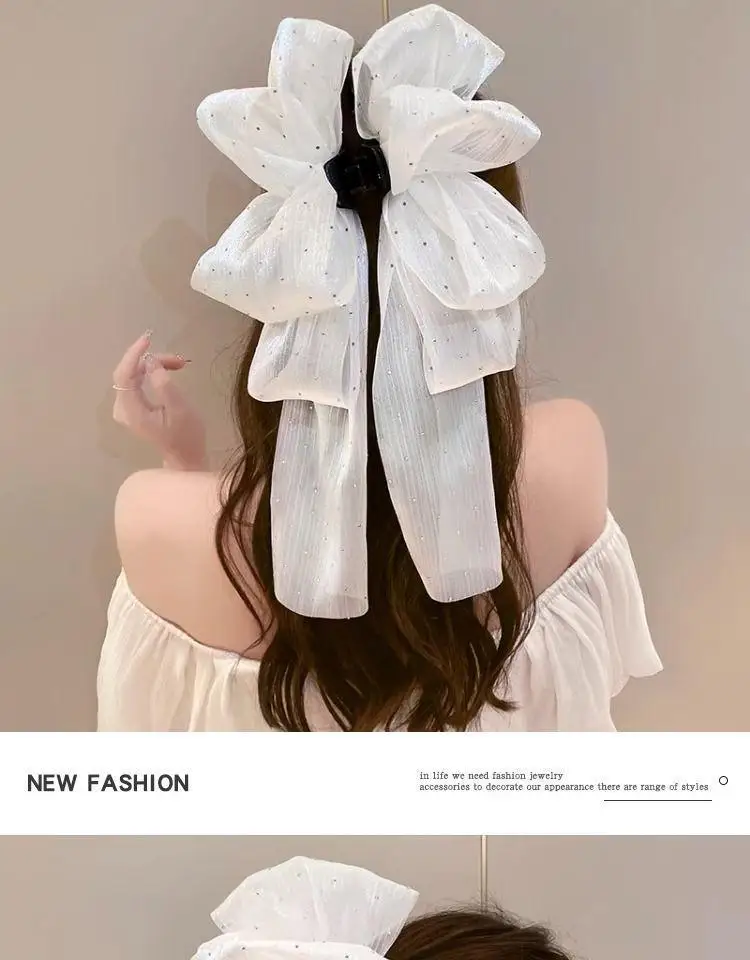 Large Mesh Bow Hair Claw Clip Sweet Elegant Simple Hairpin Women Ponytail Hair Crab Clip Girls Ribbon Non-slip Hair Accessories