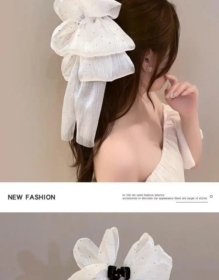 Large Mesh Bow Hair Claw Clip Sweet Elegant Simple Hairpin Women Ponytail Hair Crab Clip Girls Ribbon Non-slip Hair Accessories