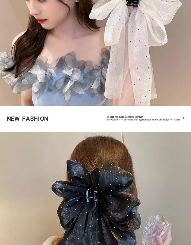 Large Mesh Bow Hair Claw Clip Sweet Elegant Simple Hairpin Women Ponytail Hair Crab Clip Girls Ribbon Non-slip Hair Accessories