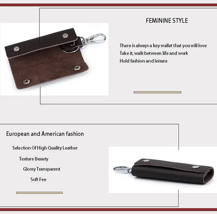 Men's Key Case Genuine Leather Door Key Bag Keychain Holder Metal Hook Mini Household Keys Wallet