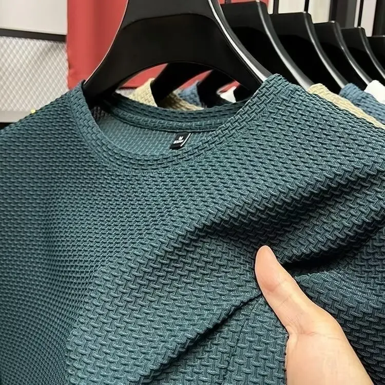 Mesh Ice Silk T-shirt Men's Short sleeved Round Neck New T-sleeved Men's Bottom Shirt Summer Solid Color Men's Top