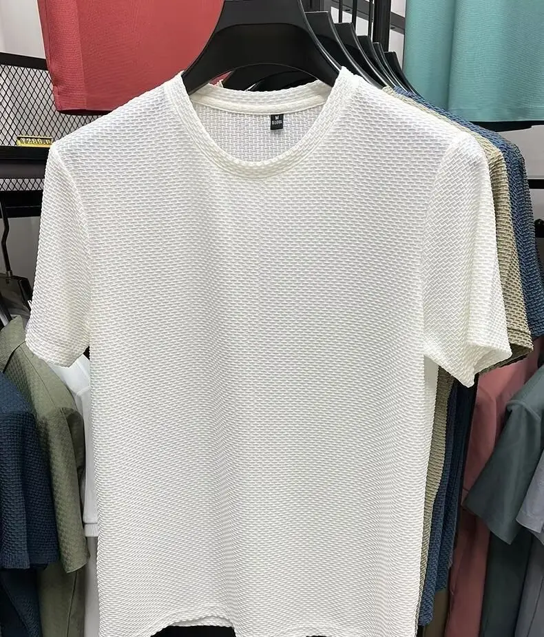 Mesh Ice Silk T-shirt Men's Short sleeved Round Neck New T-sleeved Men's Bottom Shirt Summer Solid Color Men's Top